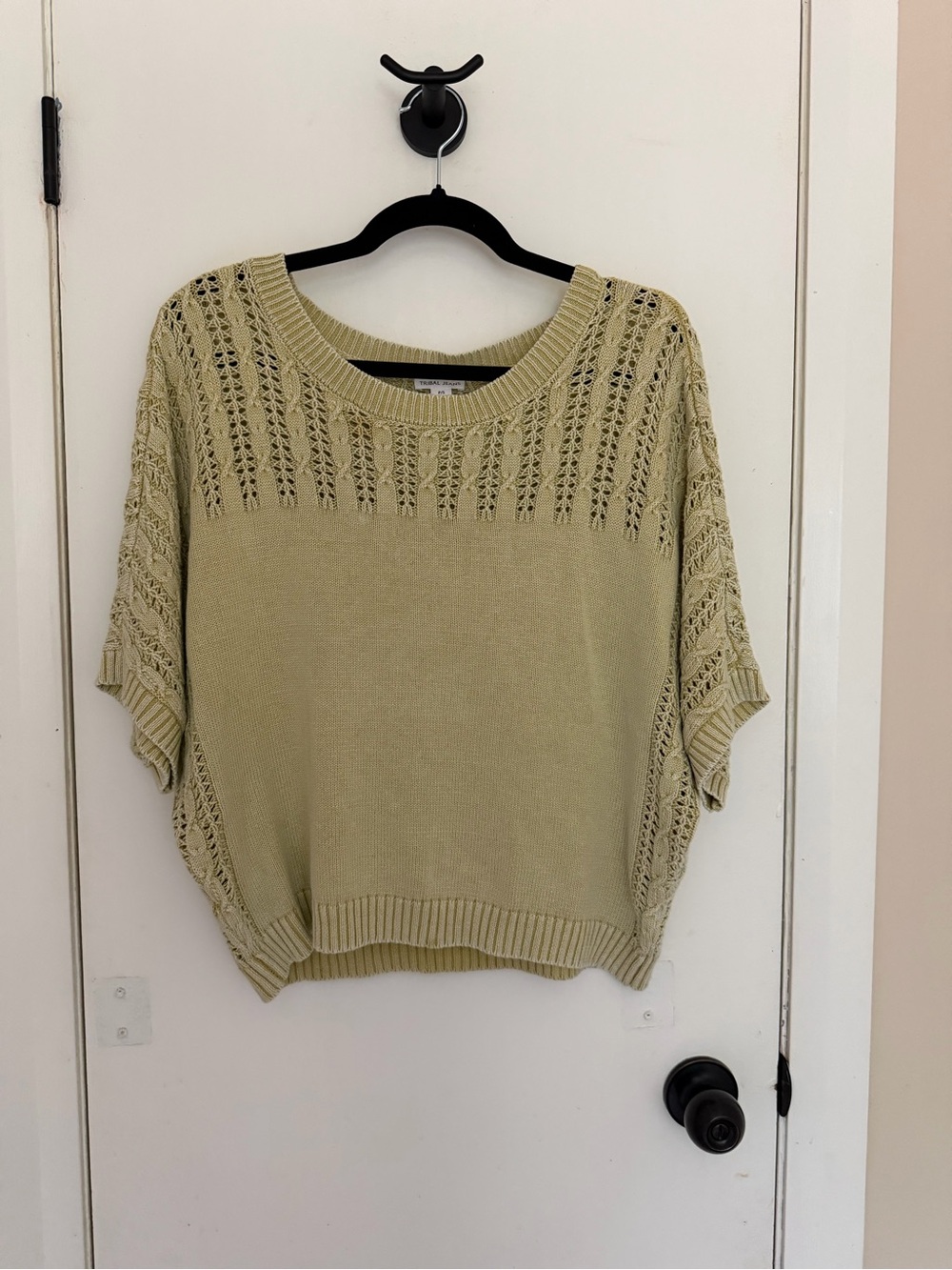 Open-Knit Scoop Neck Short-Sleeve Sweater in Light Sage